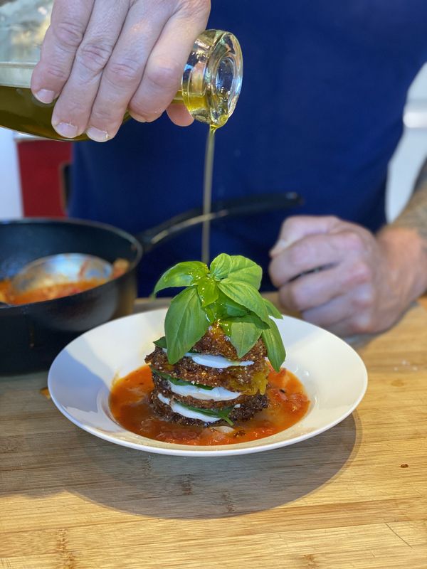 Fried Green Heirloom Tomatoes Caprese Stack